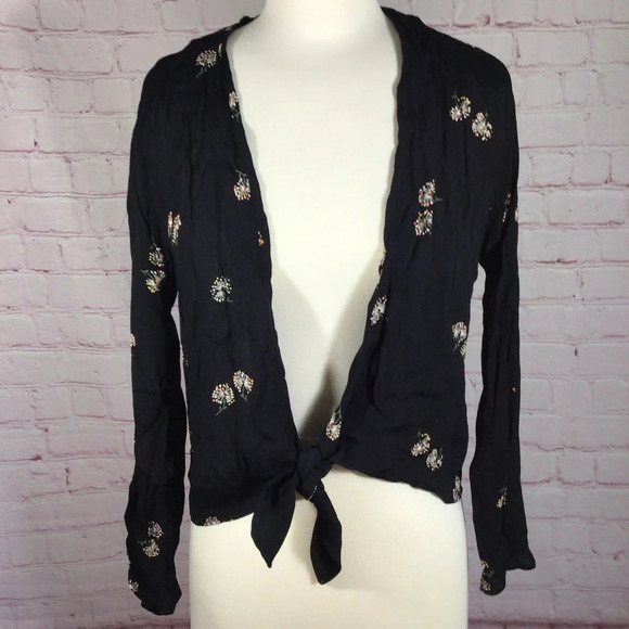 Reformation Navy Blue Floral Long Sleeve Tie Front Top - Size XS - Picture 1 of 7